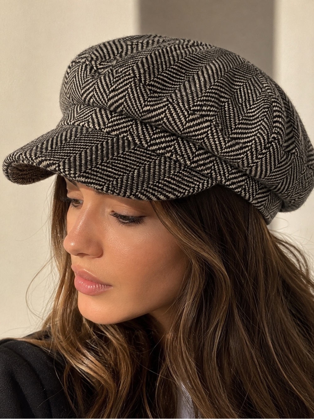Zara Herringbone Newsboy Cap Black & Cream Wool Blend Winter Hat